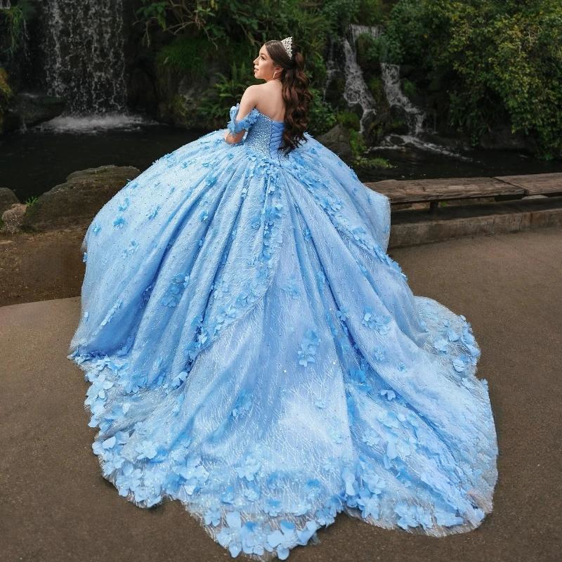 Sky Blue Gillter Princess Quinceanera Dresses Off The Shoulder Flower Beads Crystal Tull Lace-up Vestidos de 15 anos Prom Sweet 16 Dress