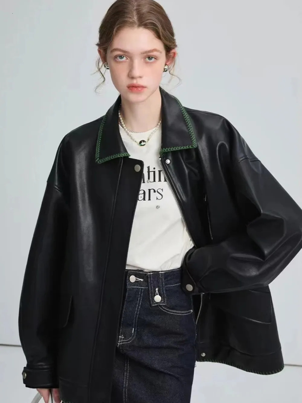 New PU Minimalist Leather Jacket For Women's 2024 Spring Autumn Motorcycle Style Racer Coats Casual