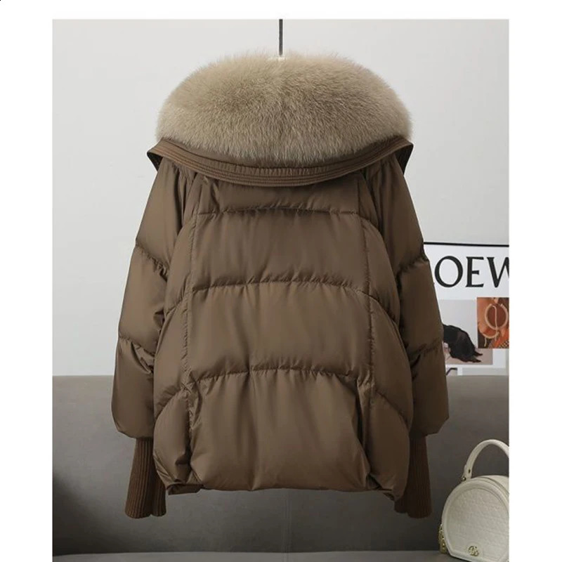 Winter Fur Collar Puffer Down Parka Loose Down Warmer Thicken Snow Jacket Pocket Zipper Faux Fur Outerwear Female 241105