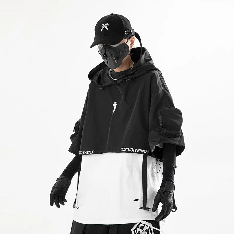 Techwear style hip-hop cropped jacket Pullover mens punk motorcycle hooded cape with multiple pockets Jaqueta 240927