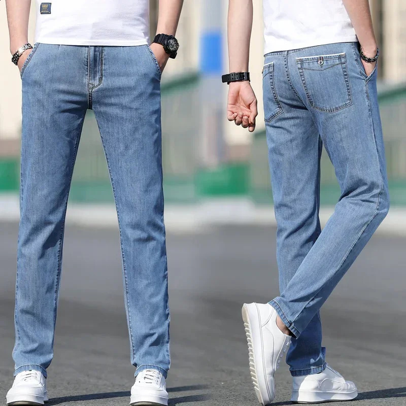 Summer Mens Loose Stretch Grey Jeans Fashion Casual Stretch Straight Leg Denim Pants Mens Light Blue 240926