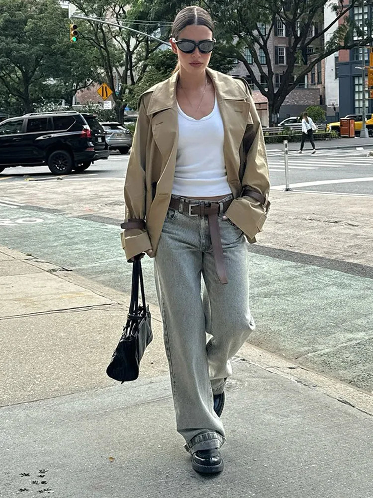 Autumn Women Khaki Double Breasted Cropped Windbreaker Female Casual Lapel Long Sleeve Coat 2024 Female High Streetwear 240919
