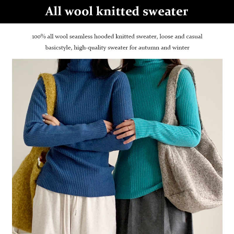 100% All Wool Seamless Knit Pit Stripe Turtleneck Sweater Loose Casual Basic Autumn and Winter High Quality Inner Sweater women's clothing