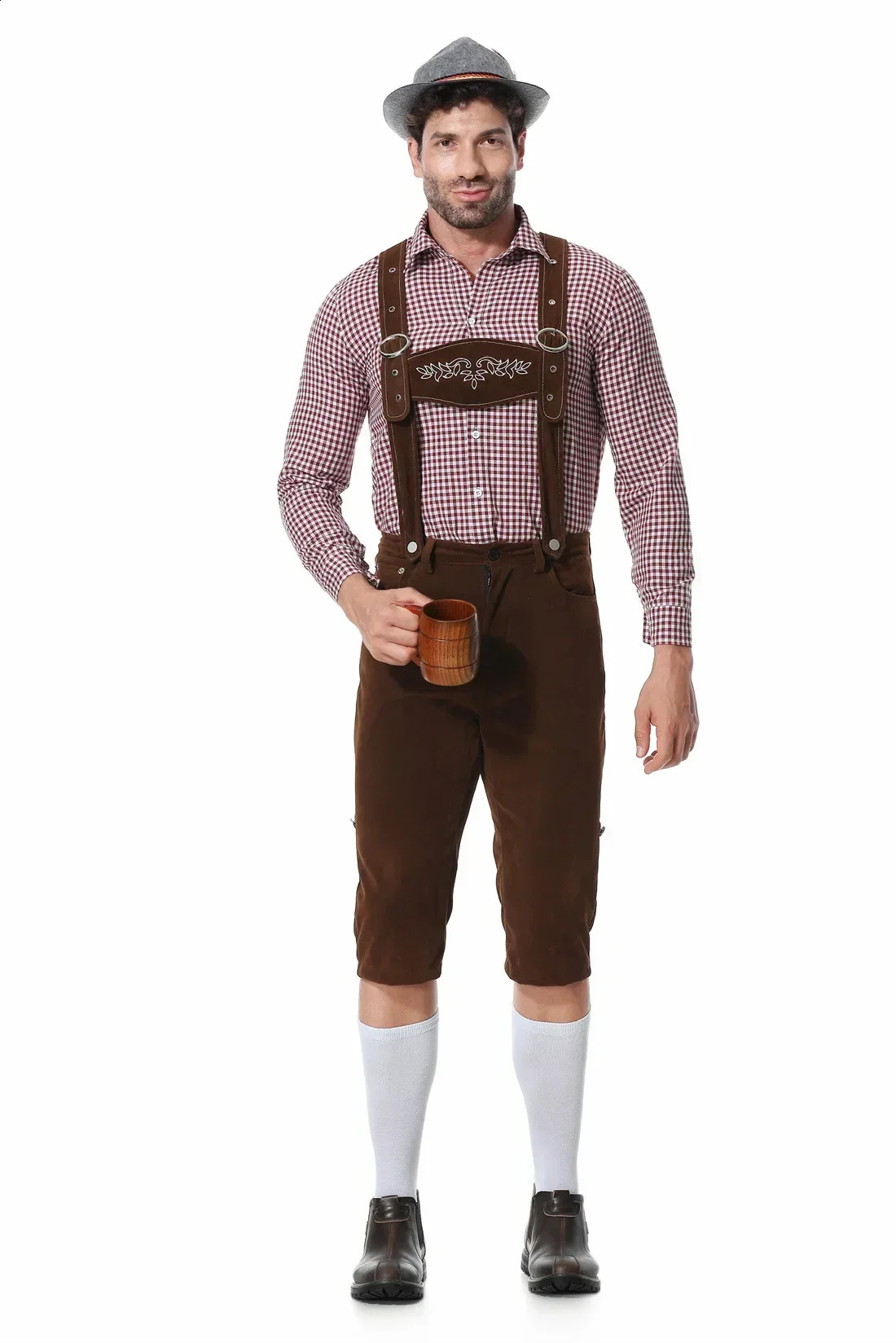M-XXL Mens Bavarian Beer Festival Lederhosen Costume for Cosplay German Beer Festival Suspendars Rompers Shirt Hat Set 240927