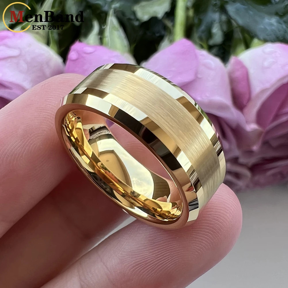 MenBand Gold 6MM 8MM with brushed finish and polished edges mens tungsten carbide wedding ring comfortable fit 240925
