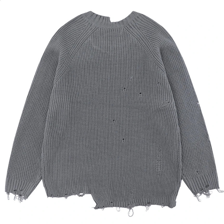 Broken Ripped Sweater Mens Black Grey Loose Knitted Jumper Y2K Pullover Hip Hop Streetwear Oversized Knitted Sweater 240924