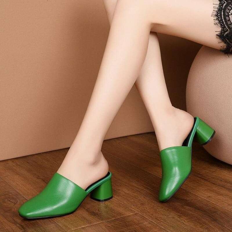 Women Trend Baotou Half Slippers New Outer Wear Fashion Solid Color Square Toe Thick Heel High-heeled Women's Slides Pantuflas 's
