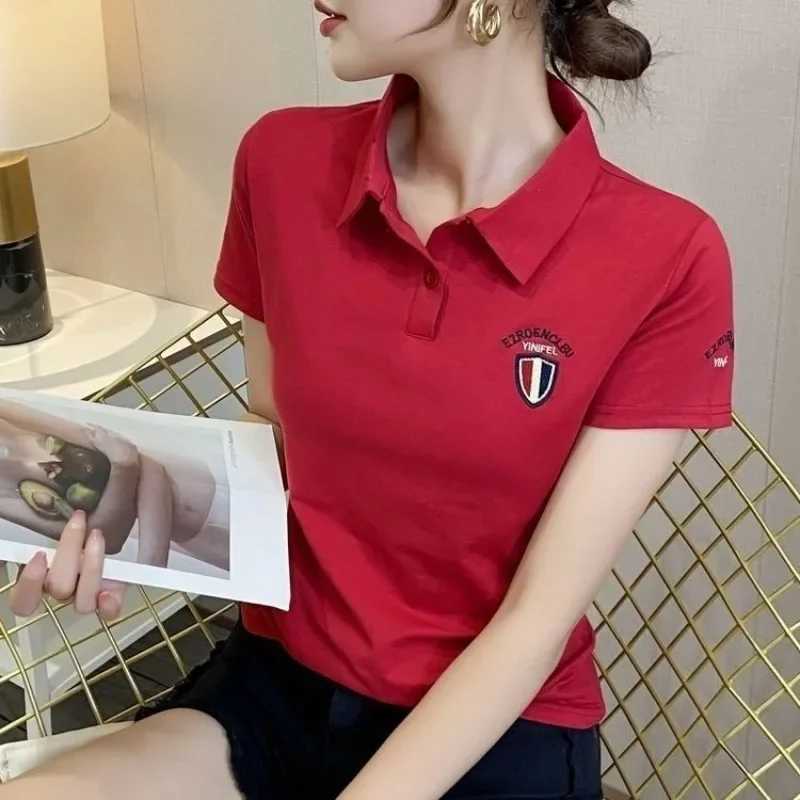 White polo neck womens button ultra-thin womens T-shirt 100 pure cotton plain weave Korean clothing style provides comfort for young clothing W240927