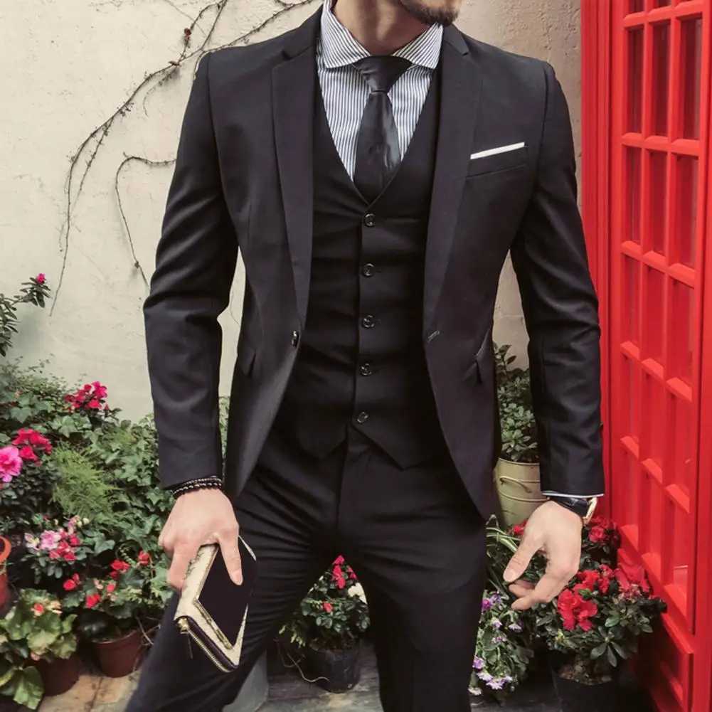 1 Set Men Vest Suit Coat Pants Set Formal Solid Color Men Three-piece Suit Turn-down Collar Long Silky Smooth Business SuitXJ250222