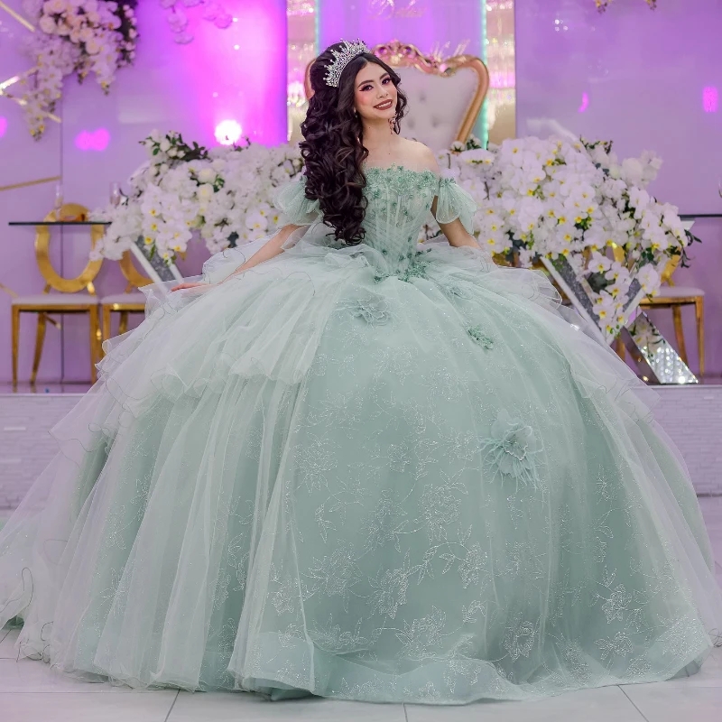 Luxury Light Green Quinceanera Dresses Off The Shoulder Applique Flower Beads Tull Birthday Sweet 16 Dress Vestidos De 15 Anos