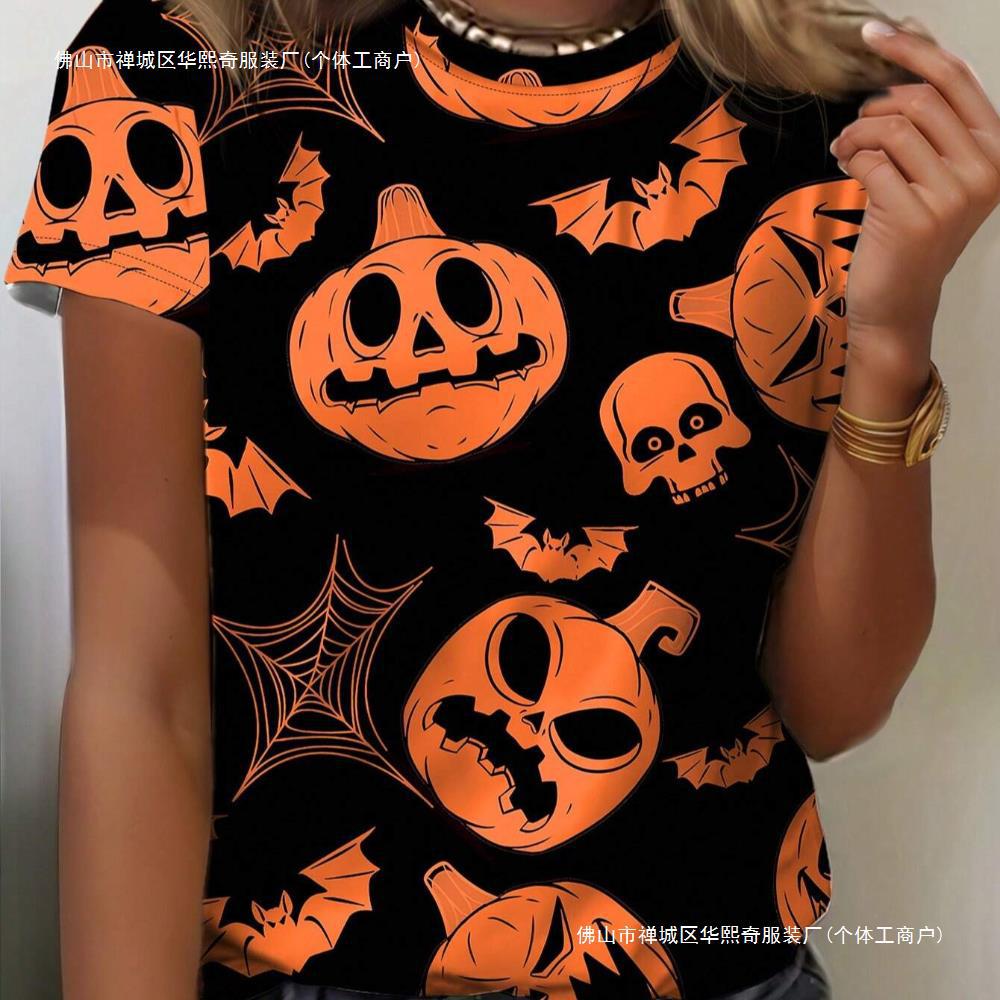 Spooky Vibes: Ladies' Summer 2024 3D Printed Short Sleeve Halloween T-Shirt dh5727163
