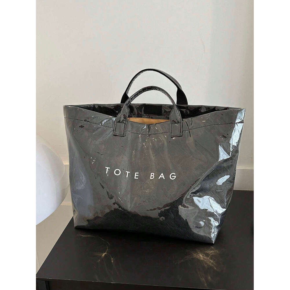 Large Capacity Fashionable Tote PVC Waterproof Transparent Jelly Bag With Handles Trendy Vintage Casual Letter Print Handbag