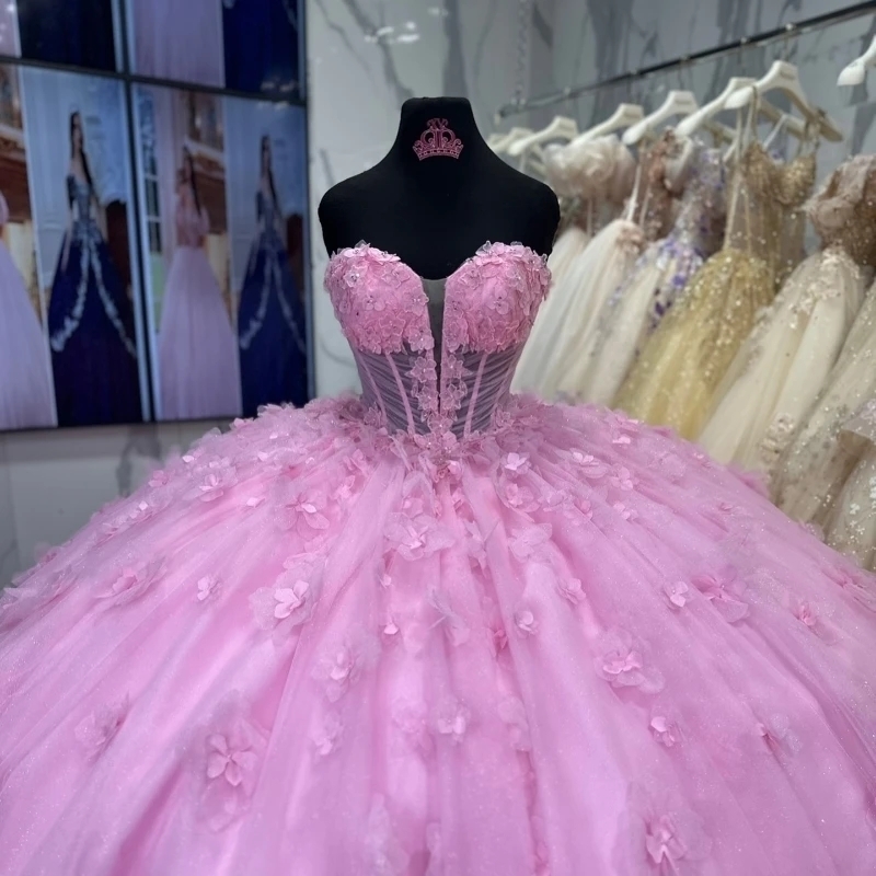 Mexican Pink Quinceanera Dresses Ball Gown Beaded Flower Tull Corset Sweet 16 Dress Party Birthday Princess Lace Up Vestido De 15 Anos