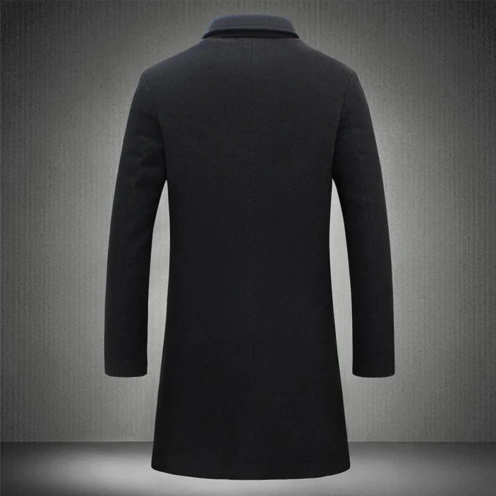 Atutumn Winter Long Warm Wool Trench Coat For Men Solid Color Single Breasted BlendsOvercoat Tops Coats Clothing y240927
