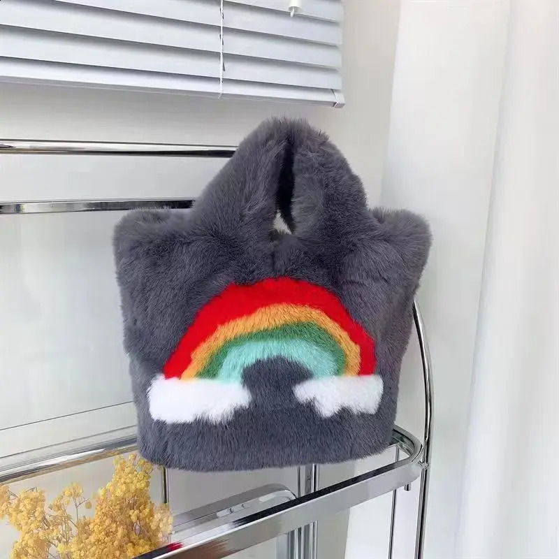 Cute Rainbow Plush Bag for Winter Womens Fashion Fluffy Bag Large Capacity Chain Cross Barrel Shoulder Fur Soft Fluffy Bag 240923