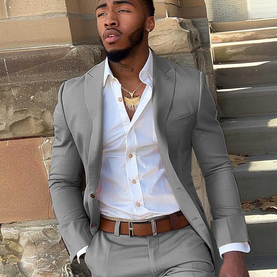 Beige mens 2-piece set with 2 buttons jacket pants formal wedding grooms evening dress slim fit design jacket XS-5XL W240927