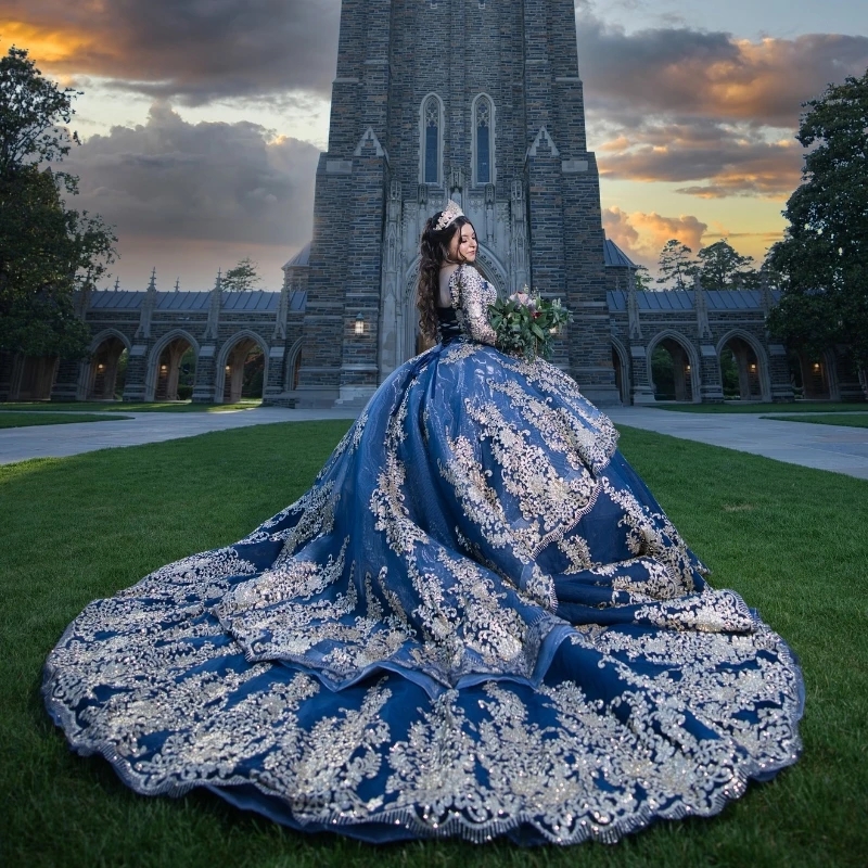 Sea Blue Shiny Quinceanera Dresses Ball Gown Long Sleeves Gold Applique Lace Pearl Sweet 16 Dress Party Birthday Vestido De 15 Anos