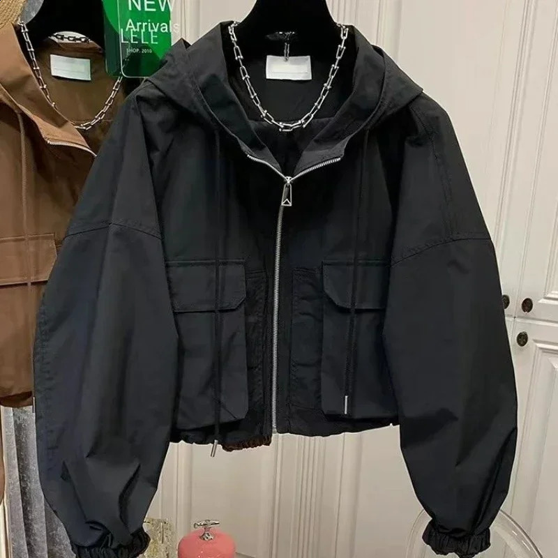 Korean Fashion Harajuku Cropped Jacket Womens Windproof Cover Zipper Coat Autumn Clothing Y2k Retro Street Clothing 240927