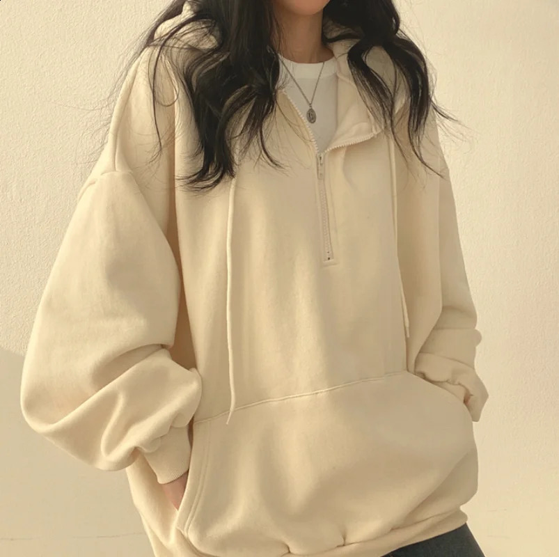Women Hoodie Harajuku Loose Oversized Solid Color Top Half Zip Up Sweatshirt Female Casual Long Sleeve Pocket Hooded Coats 250113
