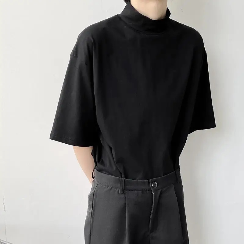Turtleneck soft solid short sleeved mens oversized sportswear fashionable Korean Harajuku casual full matching clothing Street summer 240927