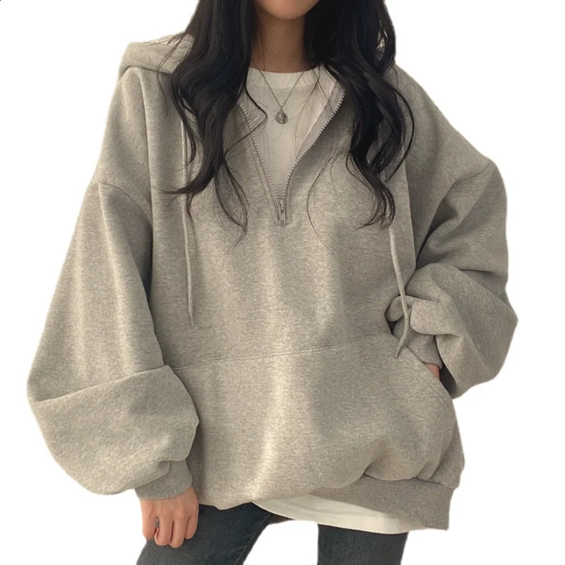 Women Hoodie Harajuku Loose Oversized Solid Color Top Half Zip Up Sweatshirt Female Casual Long Sleeve Pocket Hooded Coats 250113