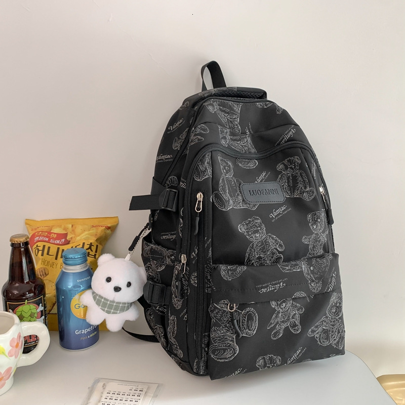 New Korean Style Women's Cute Little Bear Design Women's Backpack Large Capacity High School Student White Blue Backpack Casual Travel Backp
