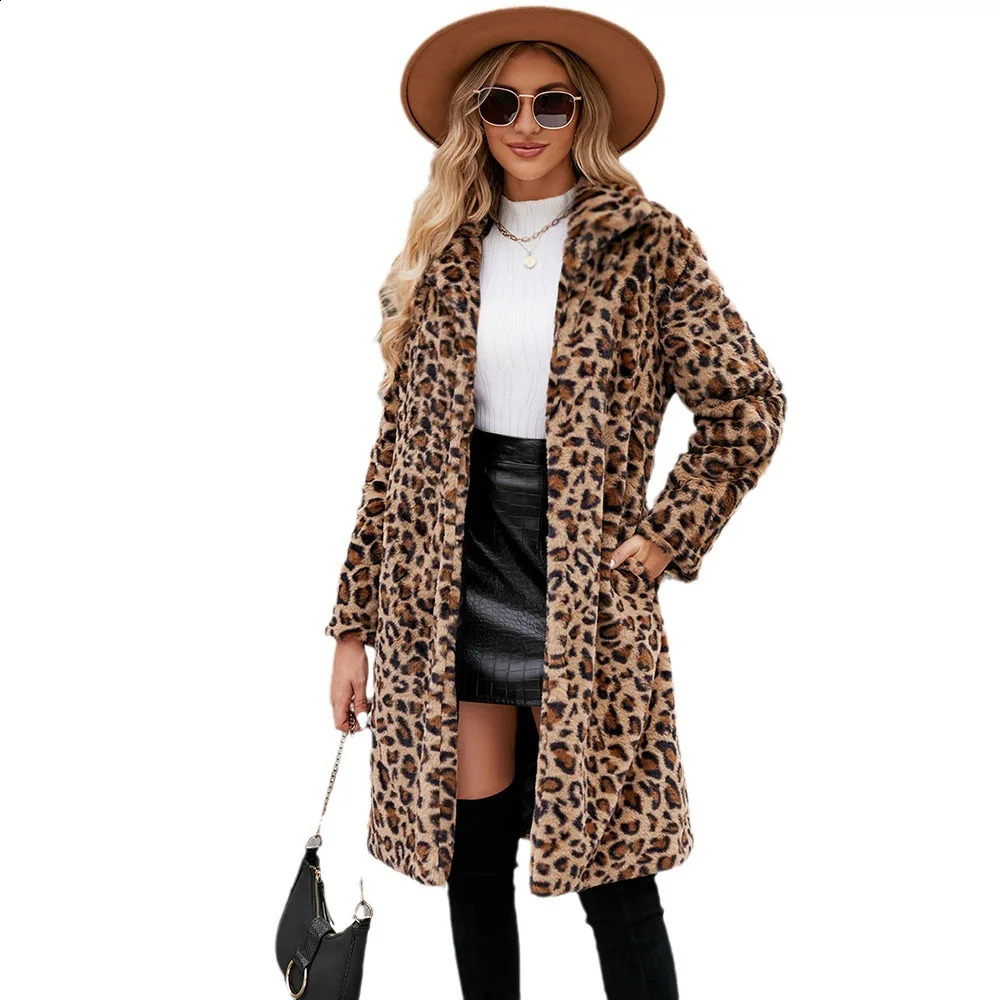 The Winter Leopard Print Fur Wool Lapel Plush Coat Long Warm Fashionable Pink And Green Thick Coat. 240927