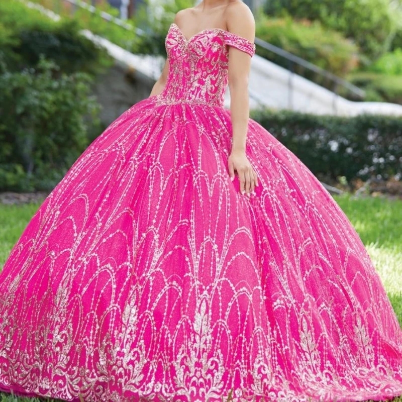 Rose Red Sparkly Quinceanera Dresses Ball Gown Off The Shoulder Beading Tull Party Birthday Sweet 16 Dress Vestidos De 15 Anos