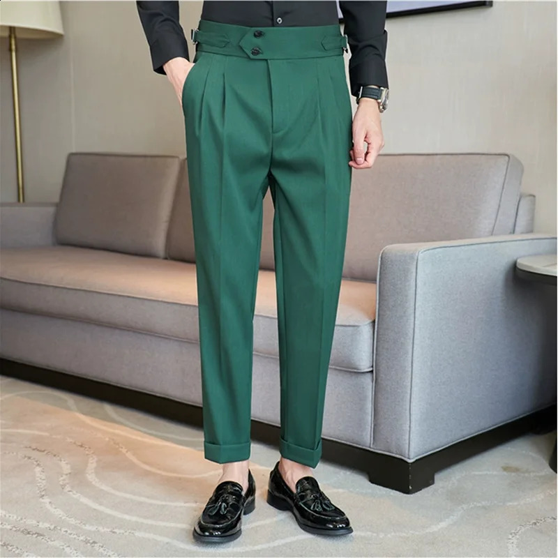 British Style Autumn Solid High Waist Trousers Men Formal Pants 2024 High Quality Slim Fit Business Casual Suit Pants Hommes 240919