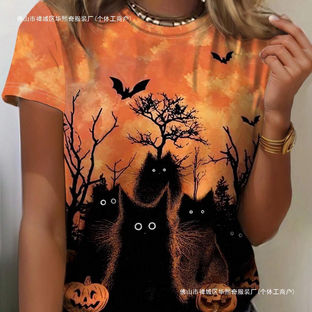 Spooky Vibes: Ladies' Summer 2024 3D Printed Short Sleeve Halloween T-Shirt dh5727163
