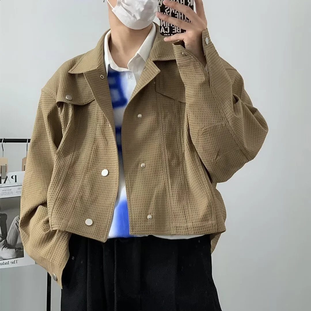 Fashionable mens casual short sleeved jacket retro lapel jacket Korean crop jacket fully matched mens long sleeved streetwear 240927CJ