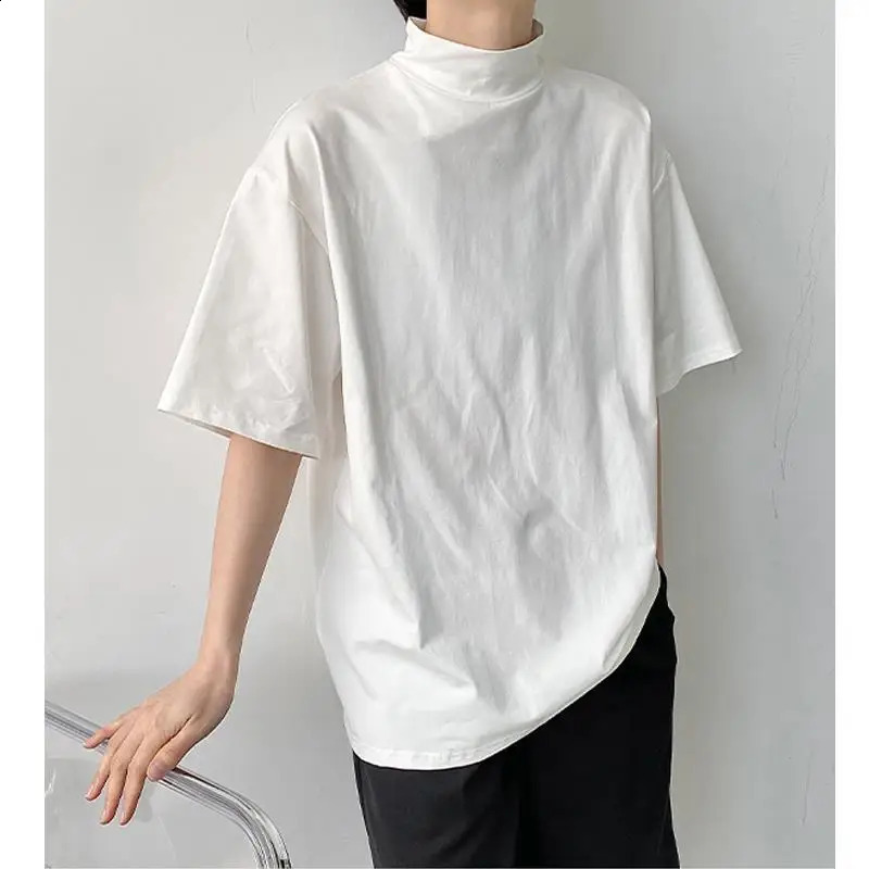 Turtleneck soft solid short sleeved mens oversized sportswear fashionable Korean Harajuku casual full matching clothing Street summer 240927