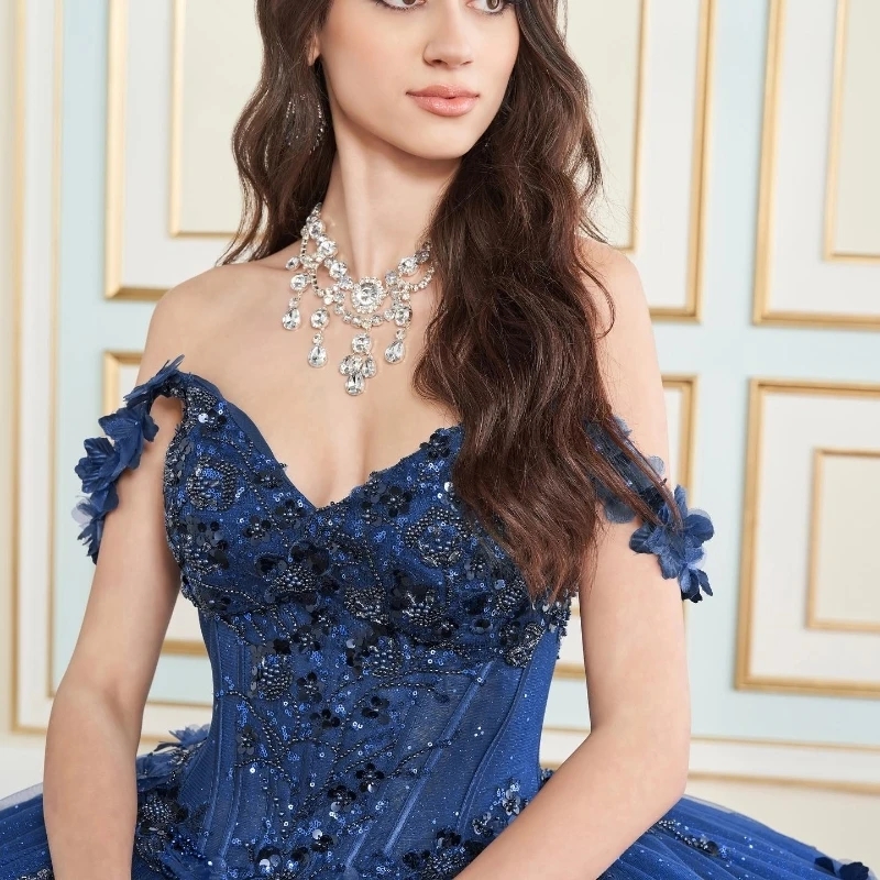 Navy Blue Shiny Princess Ball Gown Quinceanera Dresses Off shoulder Sequin Applique Lace Beads Tull Sweet 16 Dress Vestidos 15 Anos