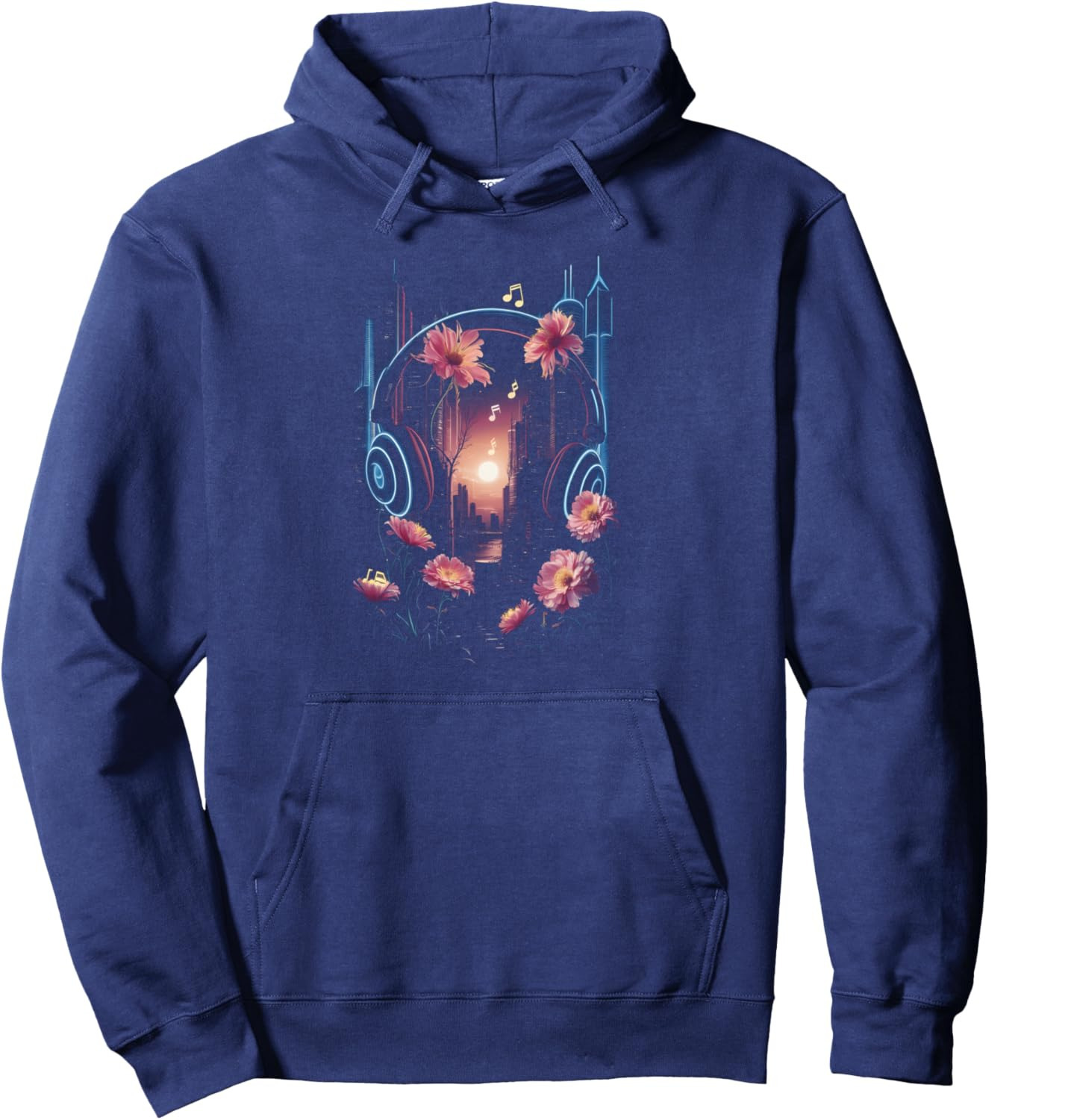 Hoodie for Mens Womens Music Lover Headphones Sunset Cityscape Flowers Graphic Pullover Hoodie Graphic Hoodies sweatshirt Pullover Long Sleeve