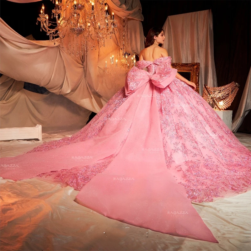 Pink Shiny Ball Gown Quinceanera Dresses Off The Shoulder Sequined Appliques Beading Crystal Tull Bow Corset Vestidos De 15 Anos