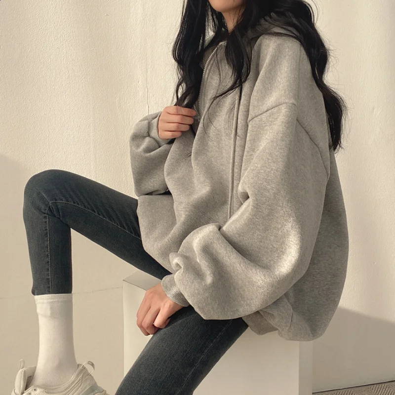 Women Hoodie Harajuku Loose Oversized Solid Color Top Half Zip Up Sweatshirt Female Casual Long Sleeve Pocket Hooded Coats 250113