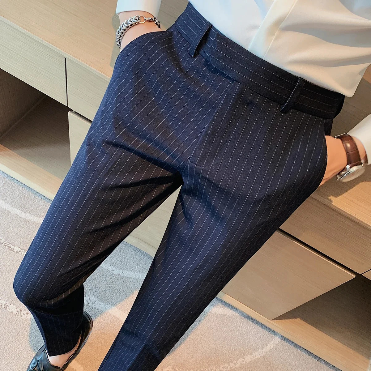2024 Men Formal Trousers Fashion Male Dress Pants Stripe Slim Fit Business Casual Suit Pant Plus Size 38 Clothing L47 240919
