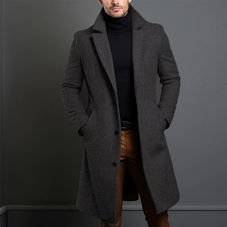 Atutumn Winter Long Warm Wool Trench Coat For Men Solid Color Single Breasted Wool Blends-Overcoat Tops Coats Clothing 240927