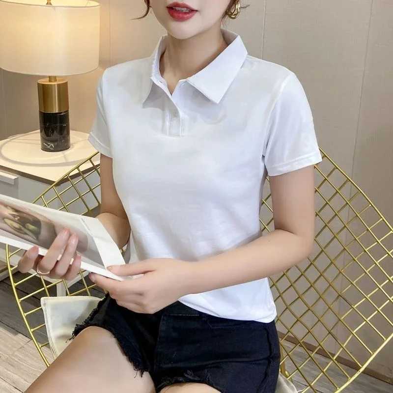 White polo neck womens button ultra-thin womens T-shirt 100 pure cotton plain weave Korean clothing style provides comfort for young clothing W240927