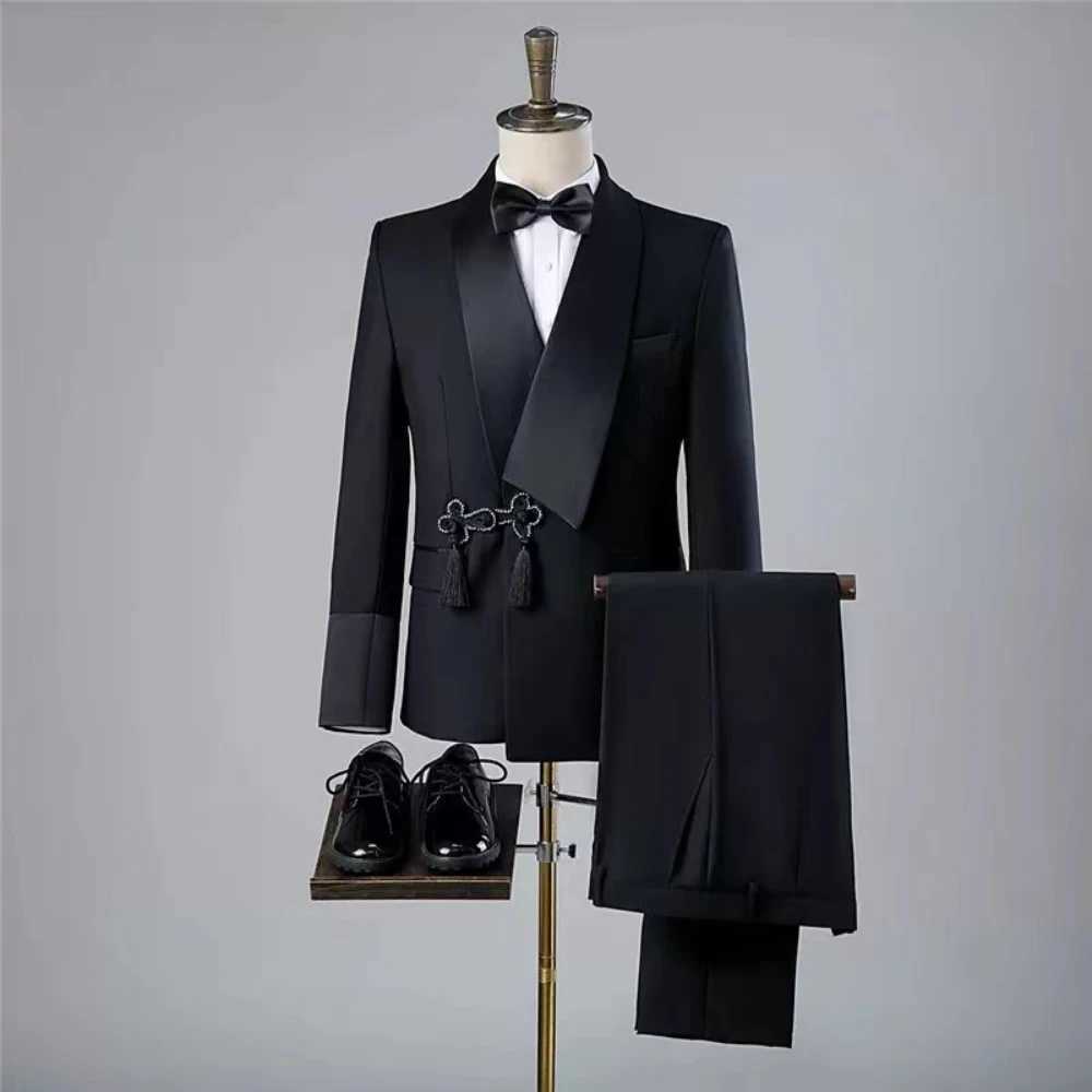 Luxury Elegnet Custom Black Suit For Men High Quality Wedding Formal Groom Party Fashion Tuxedos 2 Piece Set Blazers Pants 2024X240927