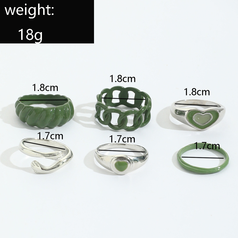 Green Vintage Spray-Painted Rings with Oil Drips and Hearts - Complete Set of Six
