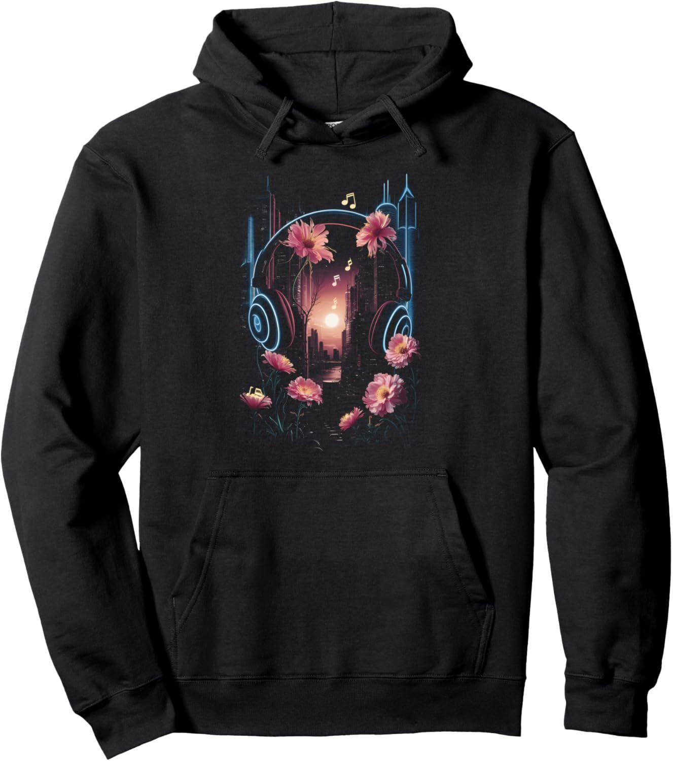 Hoodie for Mens Womens Music Lover Headphones Sunset Cityscape Flowers Graphic Pullover Hoodie Graphic Hoodies sweatshirt Pullover Long Sleeve