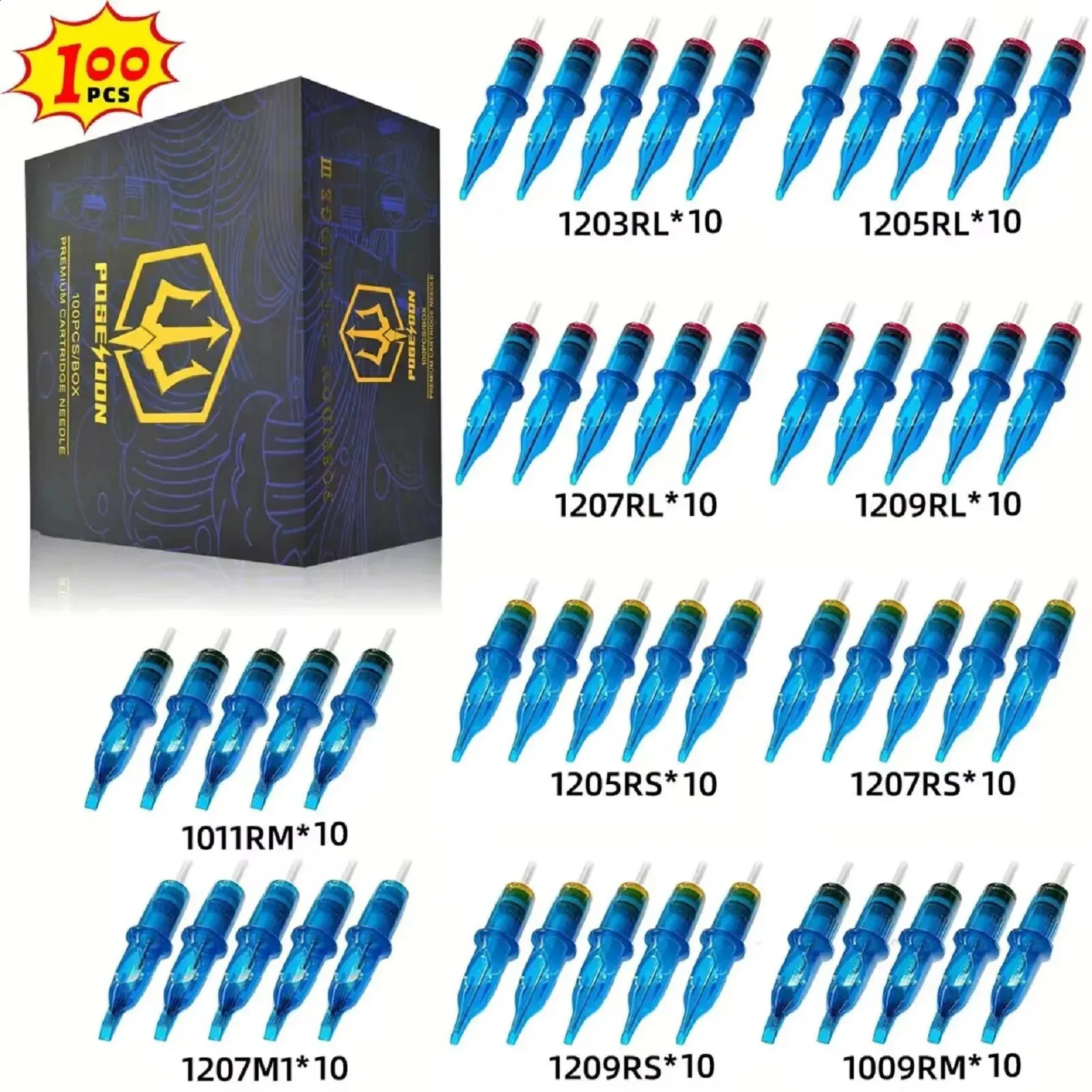 100PCS Mixed Tattoo Needle POSEIDON V3 Professional Cartridge Needles Safety Cartridges Disposable Tattoo Needles For Tattoo Pen 240921