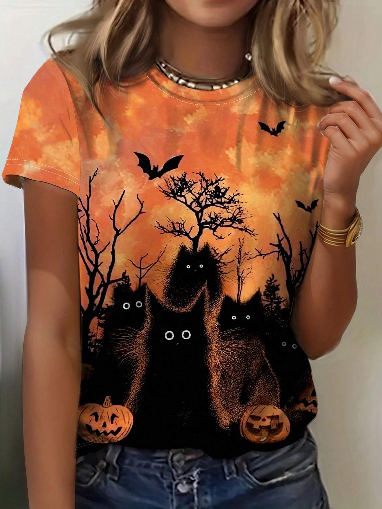 Spooky Vibes: Ladies' Summer 2024 3D Printed Short Sleeve Halloween T-Shirt dh5727163