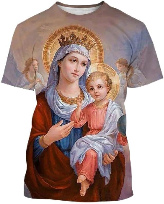 Mens T shirt Fashion Virgin Mary 3D Printing T-shirt Personality Loving God Loves The World Short-sleeved Couple Shirt Unisex Religious shirts tshirt 