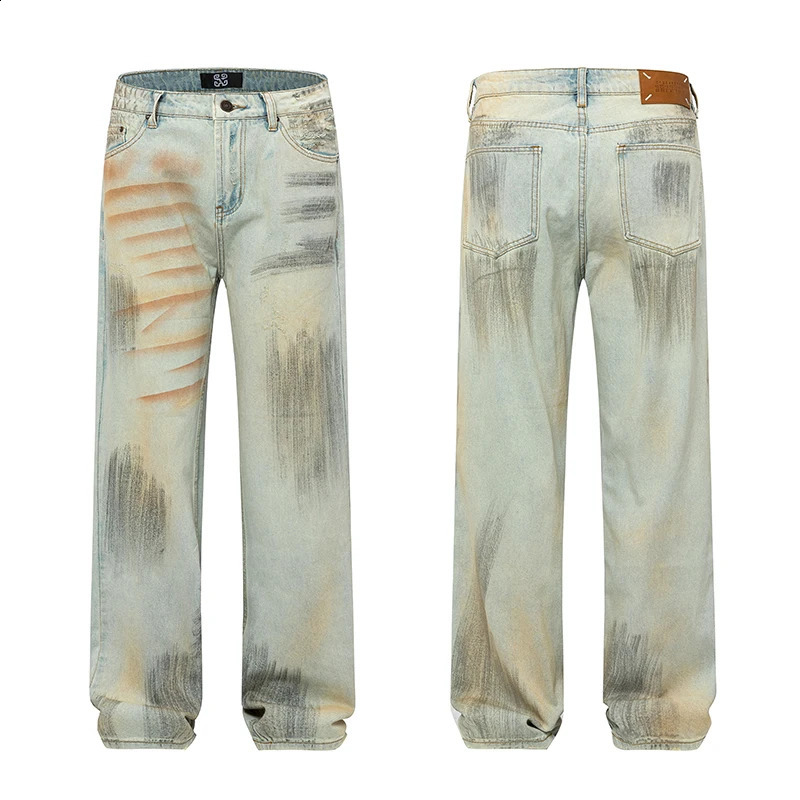 Fall High Street Loose Straight Jeans Personalized Hand-painted Graffiti Retro Blue Mens and Womens Long Pants 240927