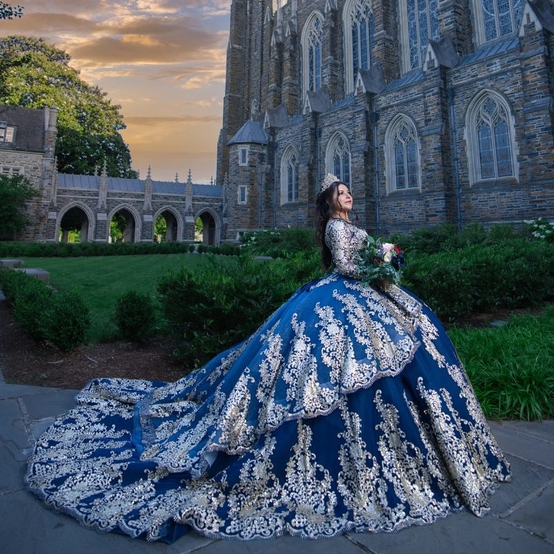 Sea Blue Shiny Quinceanera Dresses Ball Gown Long Sleeves Gold Applique Lace Pearl Sweet 16 Dress Party Birthday Vestido De 15 Anos