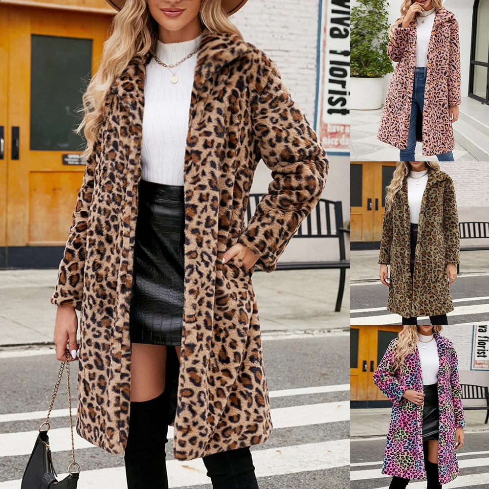 The Winter Leopard Print Fur Wool Lapel Plush Coat Long Warm Fashionable Pink And Green Thick Coat. 240927