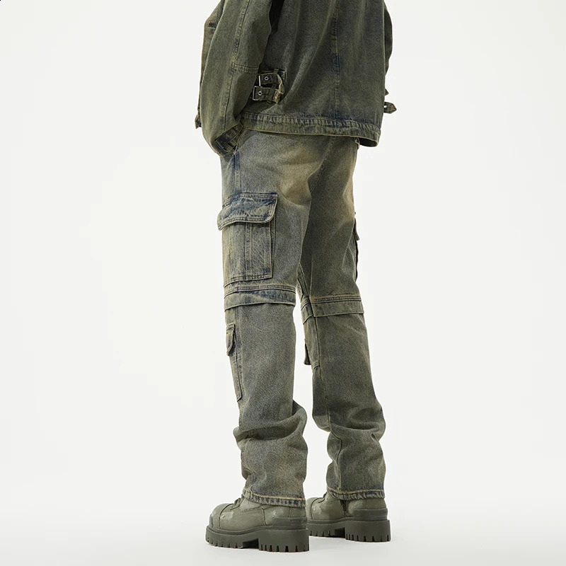 American retro trend loose straight mens jeans autumn and winter personalized workwear multi pocket mens pants 240929