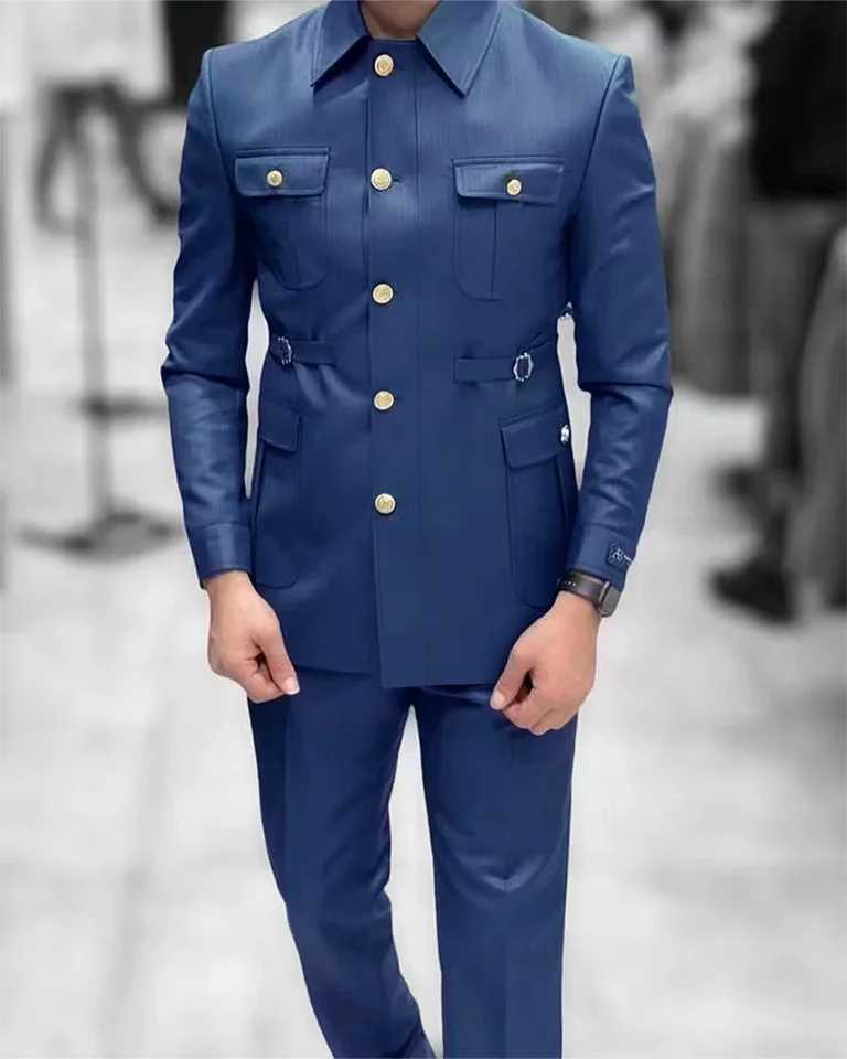 Safari Style Suits For Men Skinny Formal Polo Collar Blazer Pants 2Pcs Set Tailor-Made Casual Daily Suit Jacket Costume HommeX240927